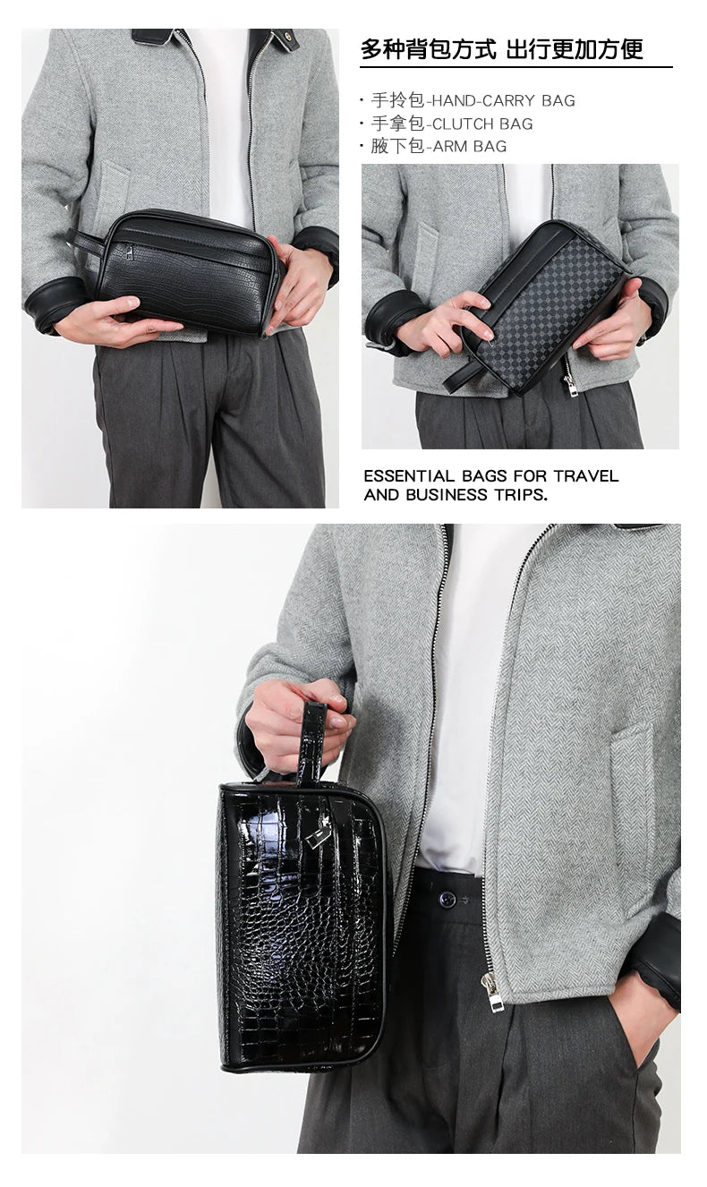 A black PU leather clutch bag is shown being carried in various ways, including a hand-carry and an arm bag style.