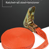 Orange thickened strap with a metal ratchet and tensioner shown coiled on a surface.