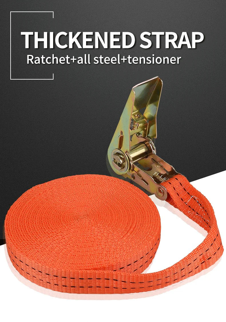 Orange thickened strap with a metal ratchet and tensioner shown coiled on a surface.