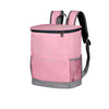 A pink and gray heavy duty leak-proof cooler backpack with a zipper and black straps.