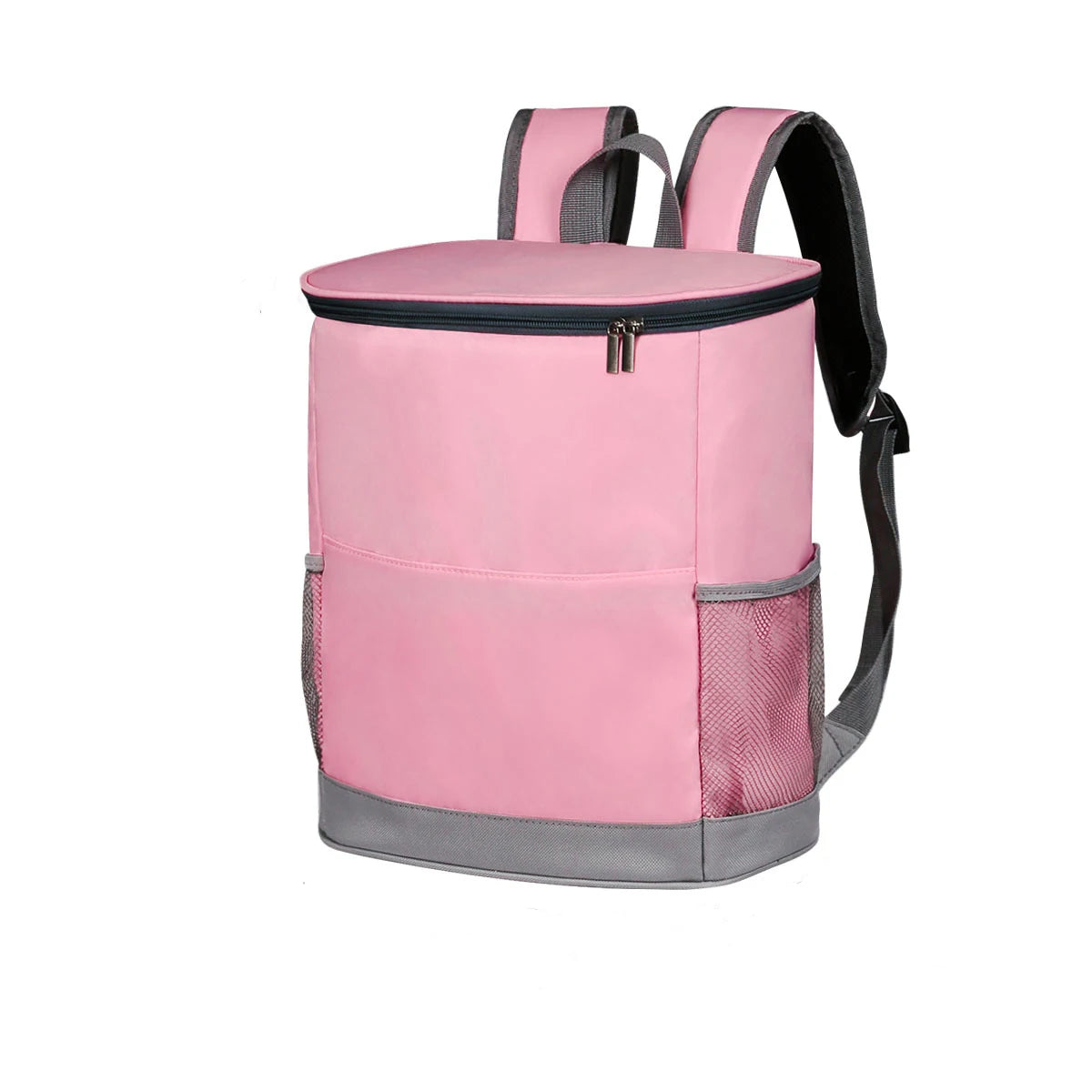 A pink and gray heavy duty leak-proof cooler backpack with a zipper and black straps.