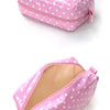 A pink polka-dot waterproof cosmetic storage bag shown from the top and an open view.