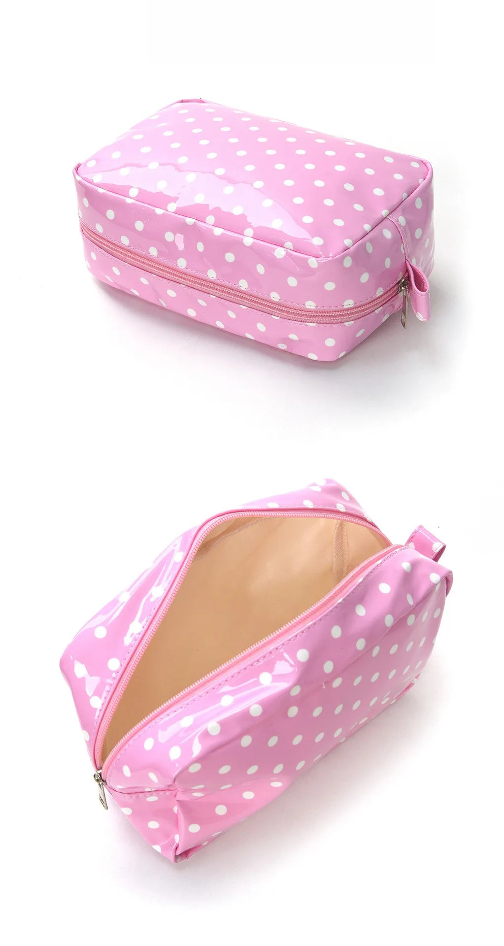 A pink polka-dot waterproof cosmetic storage bag shown from the top and an open view.