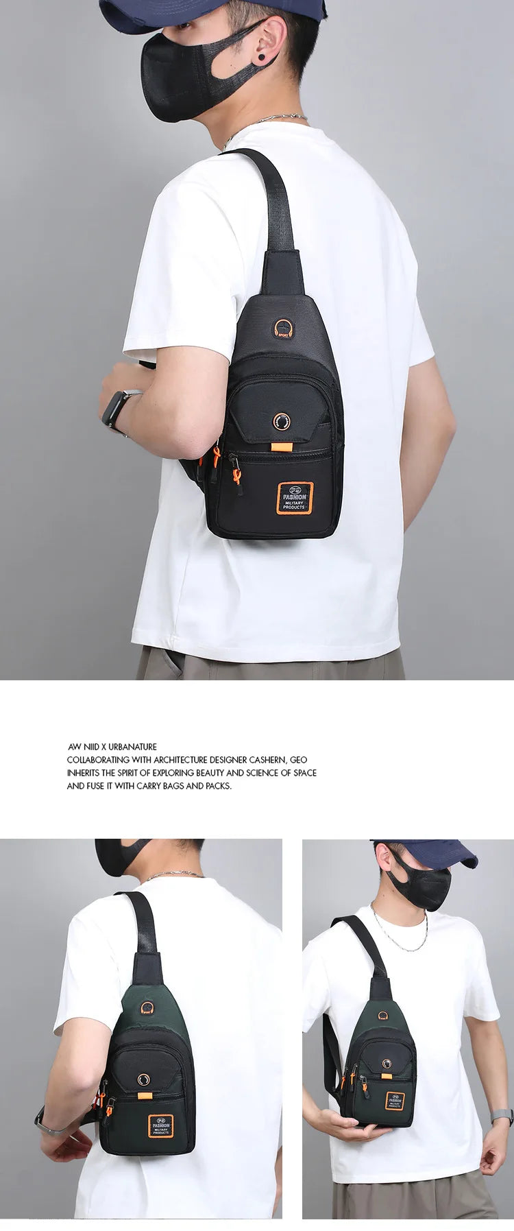 A person wearing a white t-shirt holds a black Oxford crossbody sling bag with an orange accent.