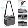 Gray insulated thermal lunch bag with a black shoulder strap and convenient handle.