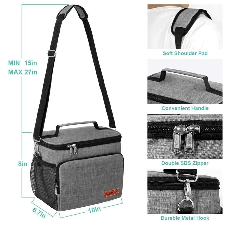 Gray insulated thermal lunch bag with a black shoulder strap and convenient handle.