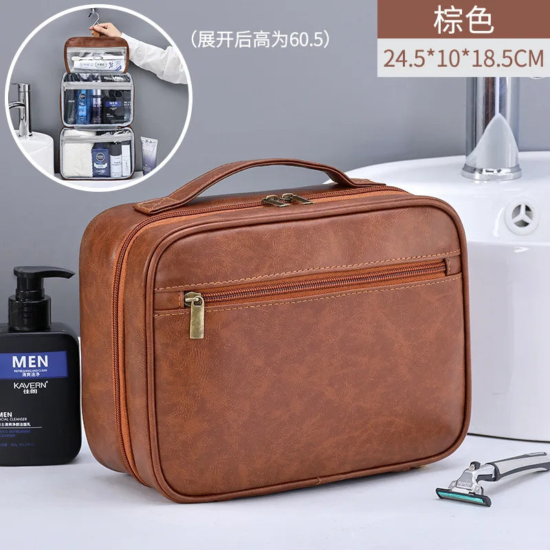 A brown PU leather cosmetic organizer bag is shown next to a sink and grooming tools.