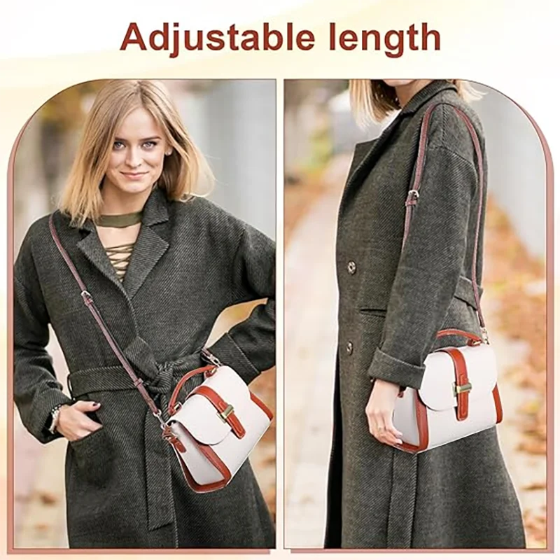A woman models a gray coat with a white bag featuring adjustable strap conversion for mini bags.