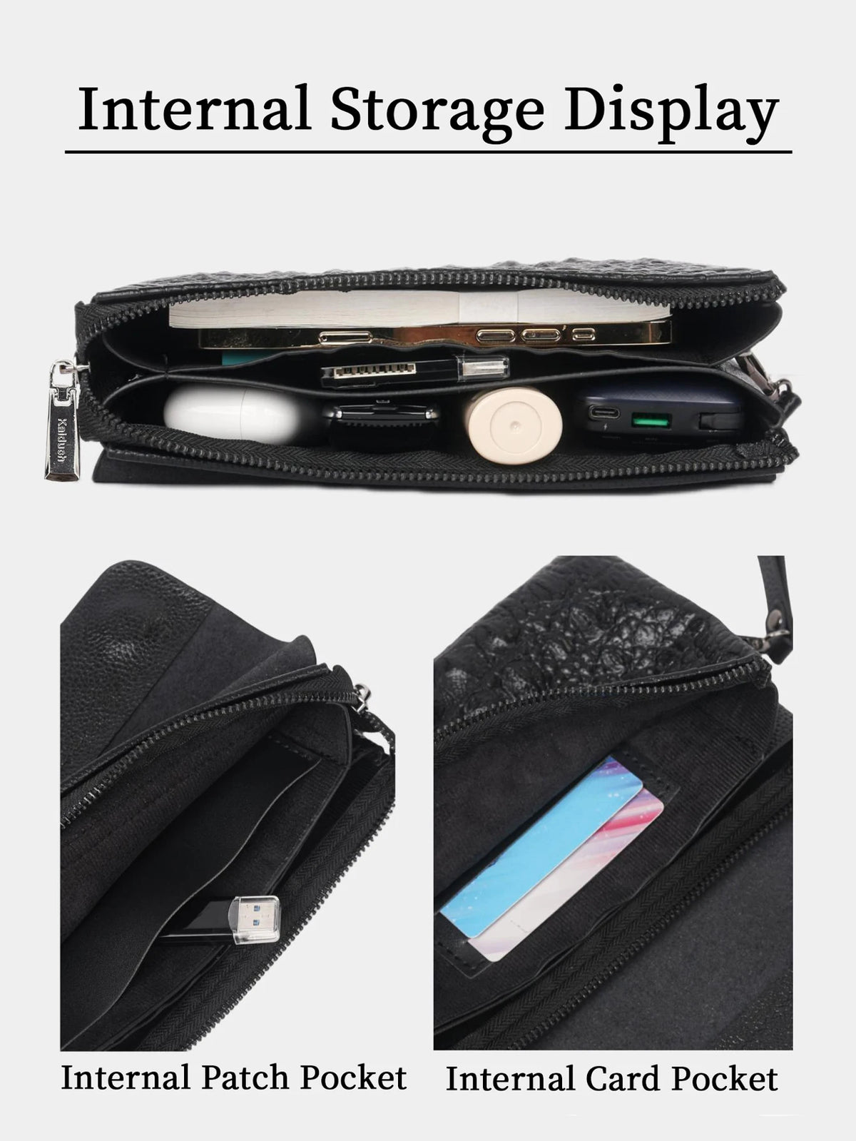 Internal storage display showing a black clutch bag with internal patch and card pockets.