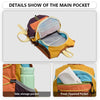 Details showing the main pocket of a lightweight travel hiking backpack with air cushion support, displaying various storage 