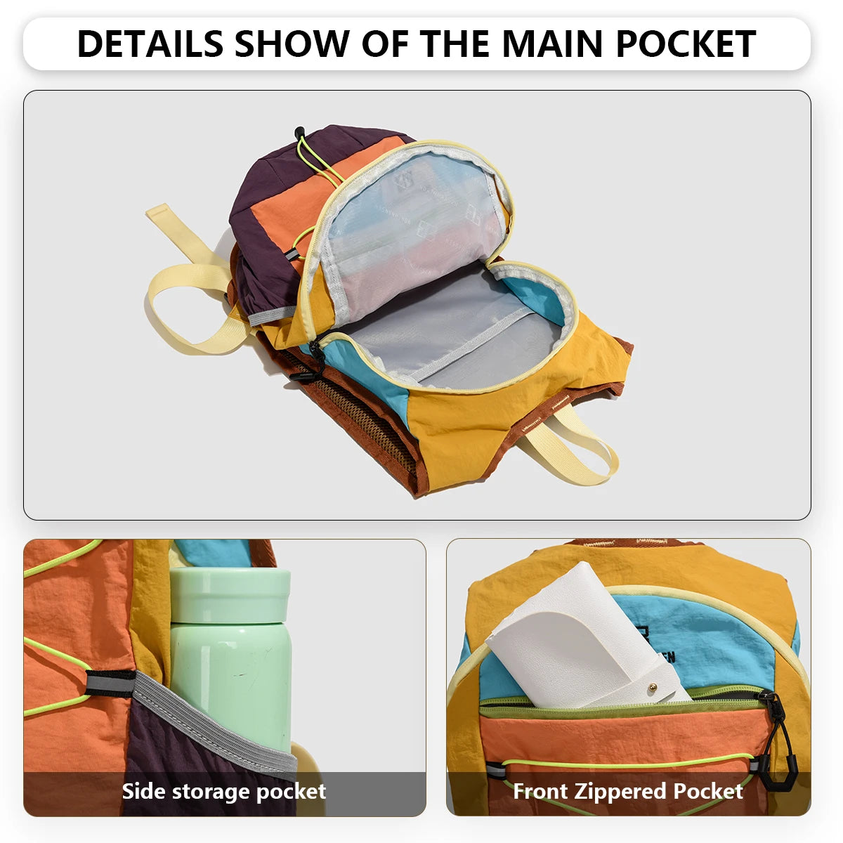 Details showing the main pocket of a lightweight travel hiking backpack with air cushion support, displaying various storage 