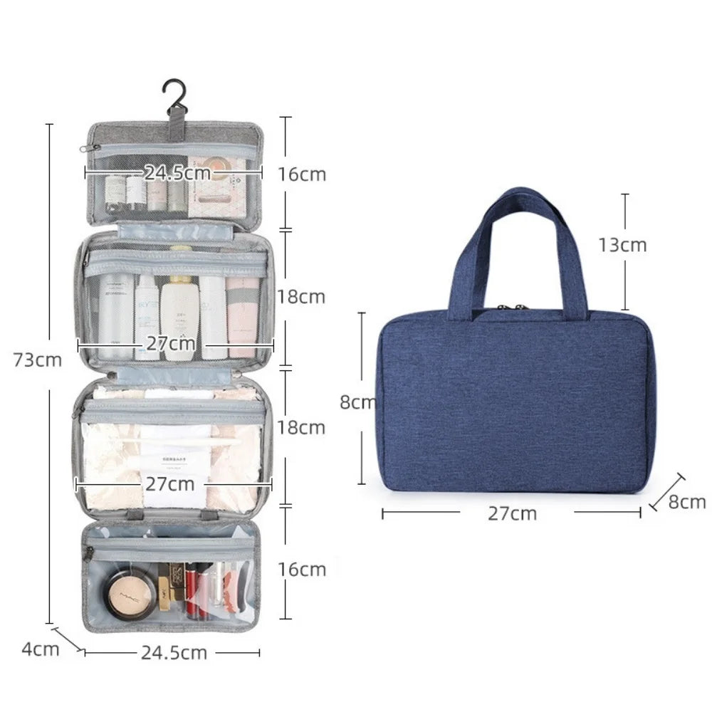 A gray travel toiletry bag with a hanging hook, showing various compartments and dimensions.