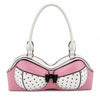 A pink bra silhouette shoulder bag with white polka dots and a bow detail.