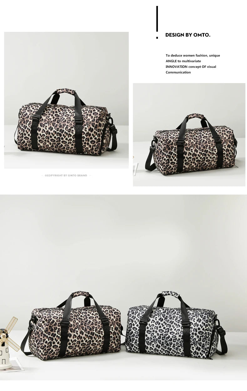 Maleta tipo duffel de estampado de leopardo con correa negra y compartimento para zapatos, mostrada desde varios ángulos.