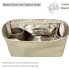 A beige luxury bag organizer insert with a satin lining showing multiple color options for matching.