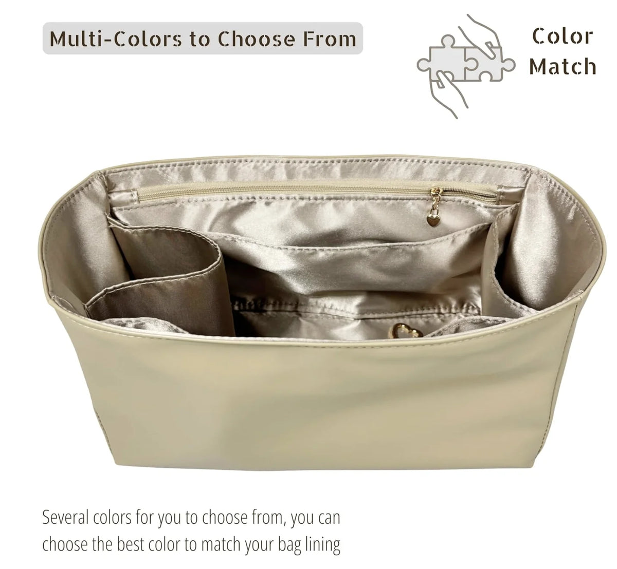 A beige luxury bag organizer insert with a satin lining showing multiple color options for matching.