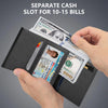 A hand holds a black minimalist magnetic card holder wallet displaying US bills.