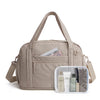 A beige expandable lightweight travel duffle bag with a large pocket and attached straps.