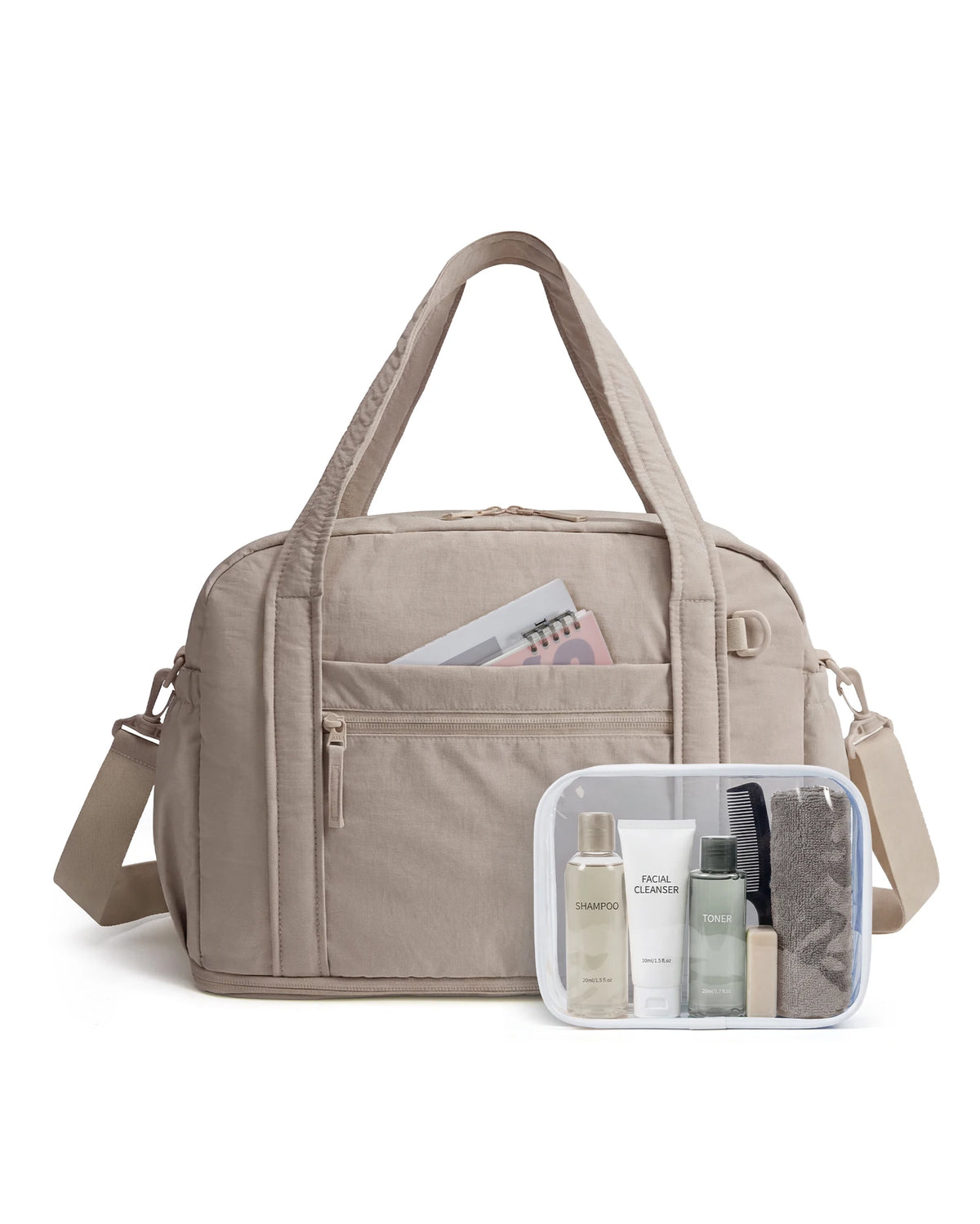 A beige expandable lightweight travel duffle bag with a large pocket and attached straps.