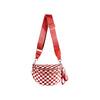 A red strap and checkered pattern multi-functional waist bag.