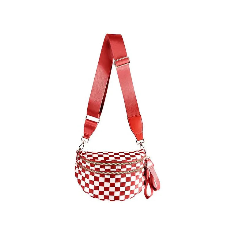 A red strap and checkered pattern multi-functional waist bag.