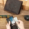 A brown leather wallet with a compass design is shown next to some folded US currency on a wooden surface.