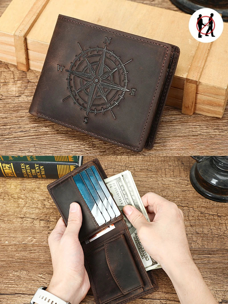 A brown leather wallet with a compass design is shown next to some folded US currency on a wooden surface.