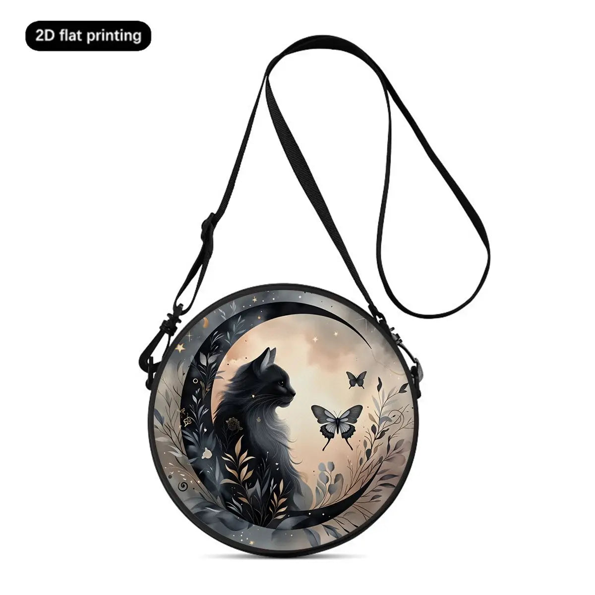 A black cartoon cat round crossbody bag with a detailed silhouette design.