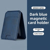 Porte-cartes et étui à portefeuille magnétique bleu foncé avec texture cuir, vue verticale.