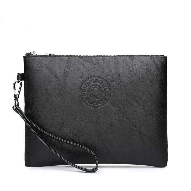 Black elegant PU leather men's clutch wallet with a silver chain attached