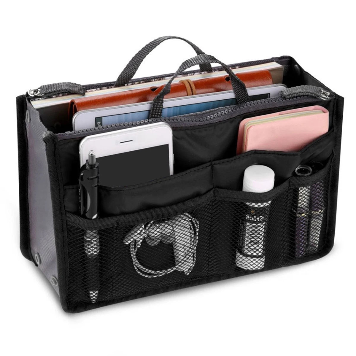 Black multi-pocket organizer tote bag holding various cosmetics and essentials like a phone and lipsticks.