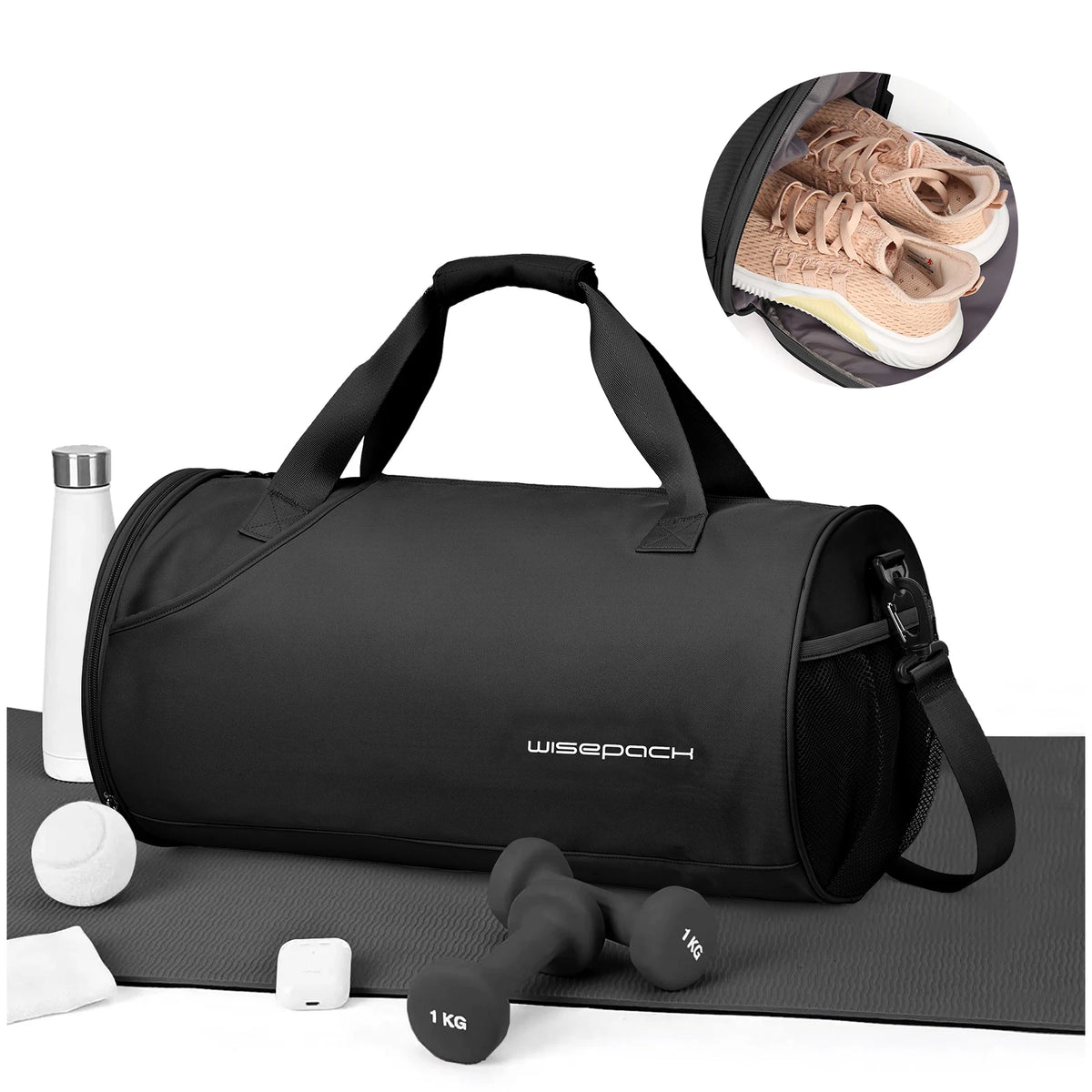 A black waterproof travel duffel bag with a shoe compartment and accessories displayed on a gray mat.