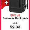 Black Swiss Military style laptop backpack with red flag background and a 50% off sale promotion.