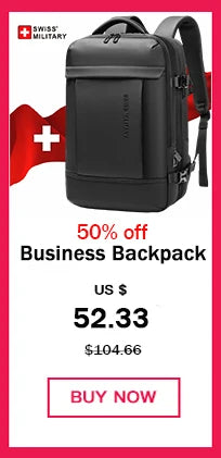 Black Swiss Military style laptop backpack with red flag background and a 50% off sale promotion.