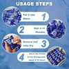 Instructions for using reusable ice pack cooler bags showing steps to put them in water, wait, wipe dry, and freeze.