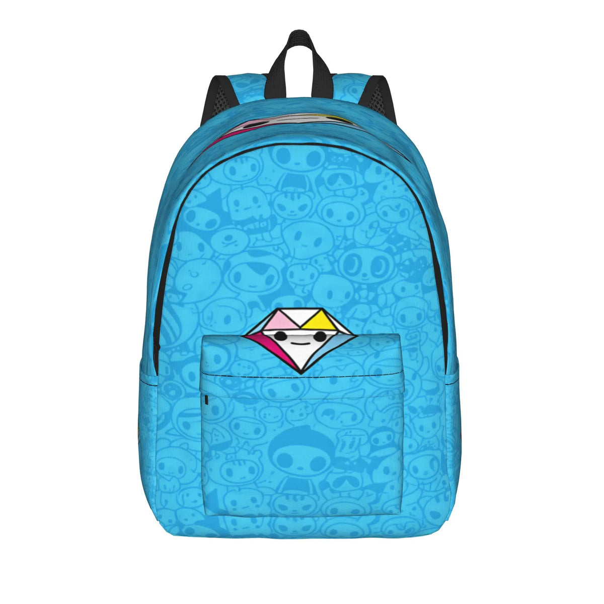 A light blue durable polyester sport backpack with a repeating cartoon pattern.