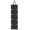Black wall-mounted jewelry organizer with five stacked grid compartments.