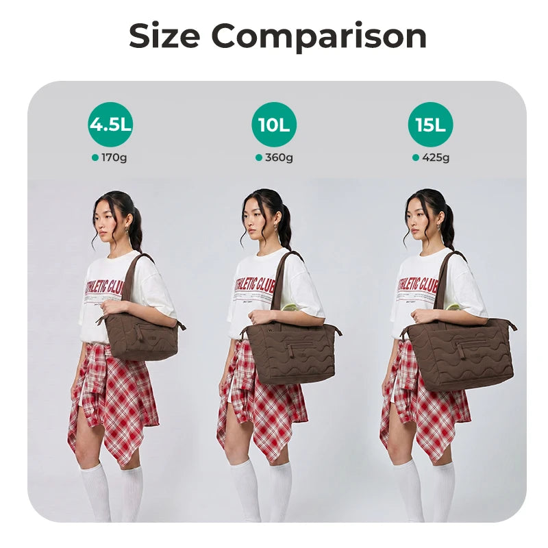 Comparison of three sizes of quilted tote bags, 4.5L, 10L, and 15L, worn by a woman.