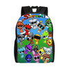 A colorful backpack featuring various cartoon characters like Sprunki on a black background.