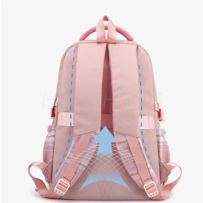 Pink canvas backpack with a subtle plaid pattern and blue accents shown from the back.