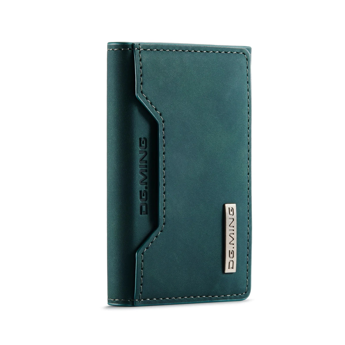 A dark teal leather trifold magnetic card holder wallet with stitched edges and embossed lettering.