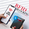 A hand holds a smartphone scanning an RFID blocking card wallet to protect personal data.