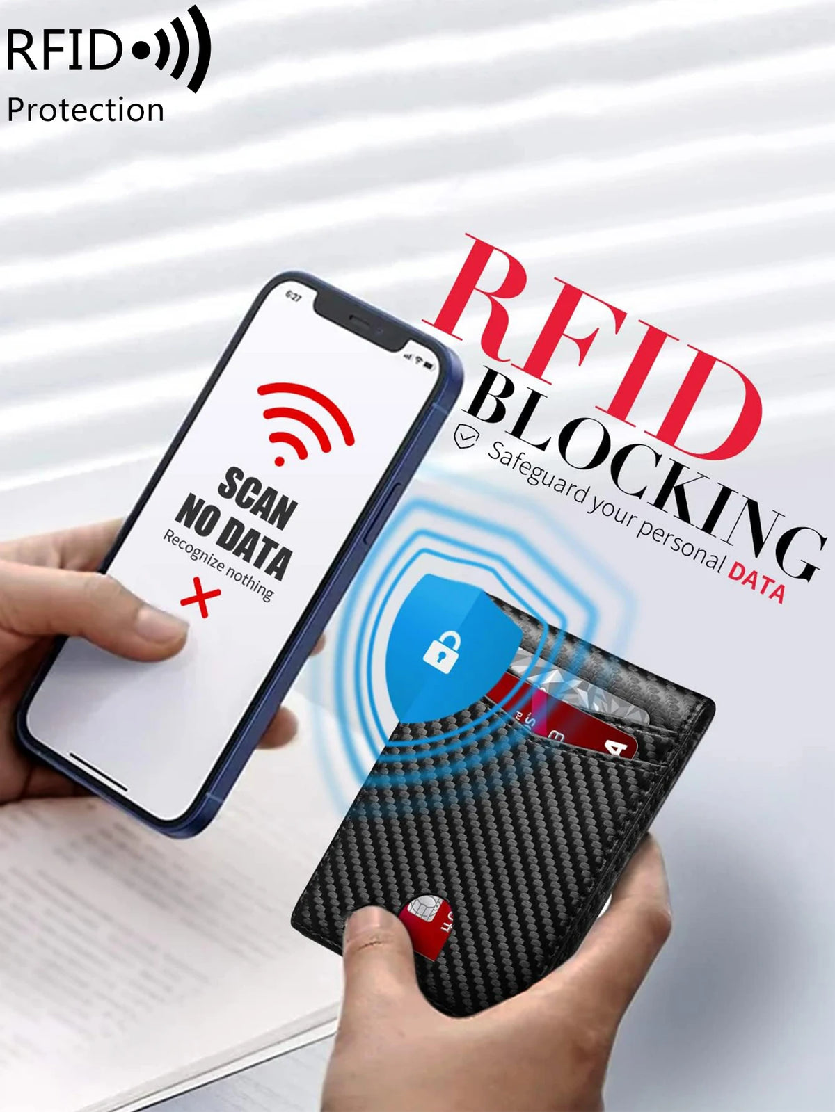 A hand holds a smartphone scanning an RFID blocking card wallet to protect personal data.