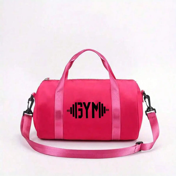 A bright pink gym bag with black text reading GYM inside a pink strap.