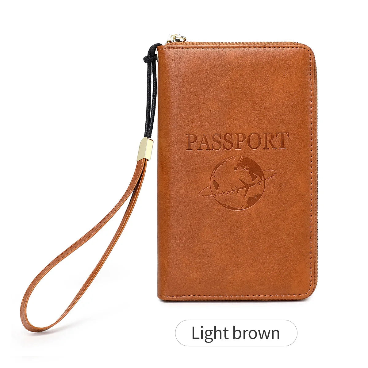 A light brown leather passport holder with a lanyard and an embossed world design.