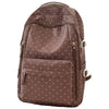 A brown corduroy backpack with a white polka dot pattern and light beige trim.