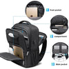 Schwarzer wasserdichter Rucksack mit Fronttasche, Fach und Haupttaschendetails.