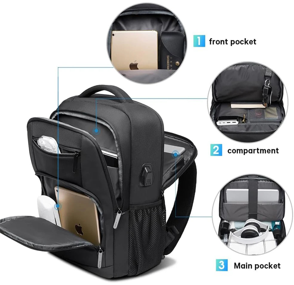 Schwarzer wasserdichter Rucksack mit Fronttasche, Fach und Haupttaschendetails.