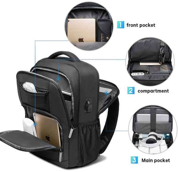 Mochila de viaje negra impermeable mostrando los bolsillos delanteros, compartimentos y características del bolsillo principa