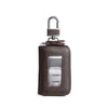 Brown leather car key case with a metal hook and a transparent window.